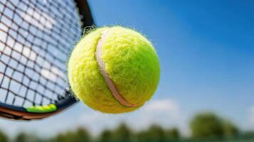 Tennis ball and racket on grass photo