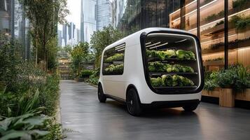 A self - driving electric vehicle with plants on the back photo
