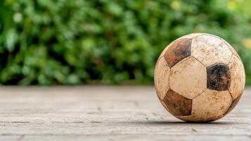 An old soccer ball on a wooden floor photo