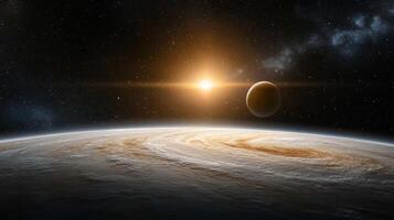 An alien planet with a sun in the background photo
