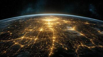 The earth at night with lights shining from the city photo