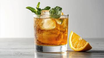 A glass of orange juice with mint leaves and an orange slice photo