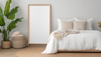 A bedroom with a bed, a wooden frame and a plant photo