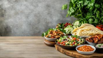 Various types of food on wooden table photo