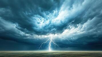 A lightning bolt strikes through the sky in a stormy sky photo
