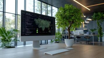 A computer monitor on a desk with a plant in the background photo