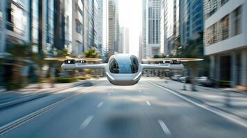 A small white flying vehicle is flying over a city street photo
