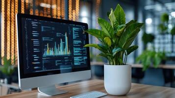 A computer monitor with a plant on it photo