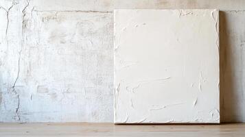 A white square on a wooden floor against a wall photo