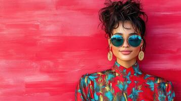 A woman wearing sunglasses and a colorful shirt photo