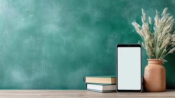 Smartphone and books on a wooden table with a green wall background photo