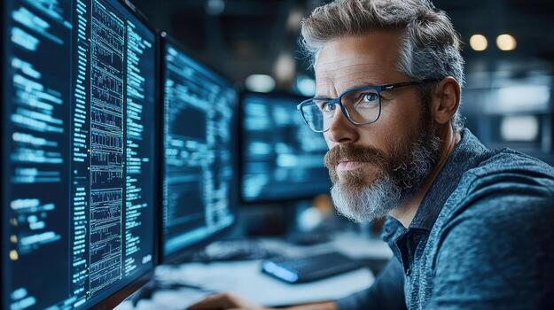 A man with glasses and beard sitting in front of two computer screens photo
