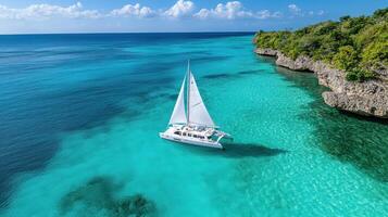 A sailboat is anchored in the clear blue water photo
