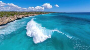 A beautiful blue ocean with waves crashing into the shore photo