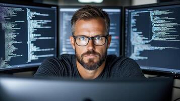 A man with glasses and a beard sitting in front of three computer screens photo