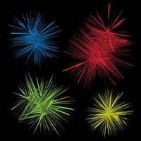 Four starburst shapes. Vivid blue, red, green, and yellow colors. Black background. Radiant lines. Sharp points. Abstract celestial forms. Dynamic star designs. Energetic aesthetic. vector