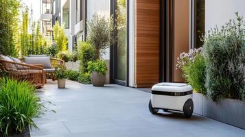 A robot is sitting on a patio with plants photo