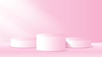 Three cylindrical podiums. Light pink background. Soft gradient lighting. 3D rendered scene. Minimalist design. Product display platform. Smooth edges. Clean, modern aesthetic for beauty products. vector