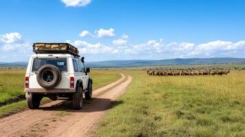 A vehicle with a roof rack on the back is driving down a dirt road photo