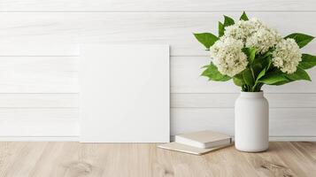 White flowers in a vase with blank poster on wooden table 3d render stock photo