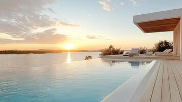 A house with a pool and a view of the sunset photo