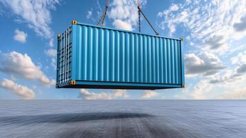 A blue container is being lifted up into the air photo