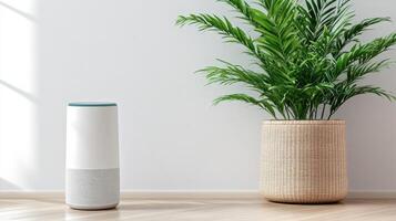 A smart speaker and a plant in a room photo