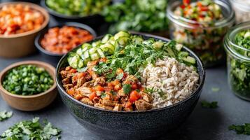 A bowl of rice, vegetables and meat in a black bowl photo