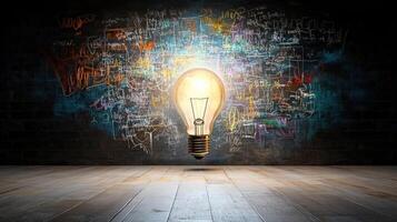 Light bulb on the floor with graffiti on the wall photo