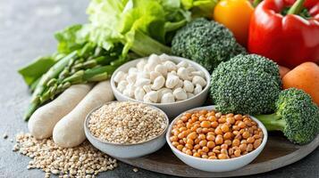 Various vegetables and beans are on a table photo