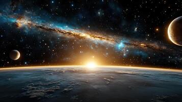 The earth and planets in space with the sun rising photo