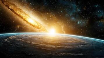 Earth and galaxy in space with sun rising photo