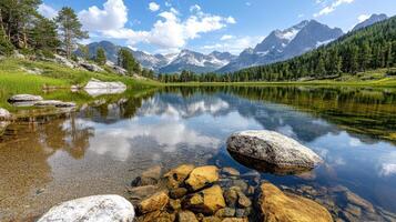 A mountain lake surrounded by rocks and grass photo