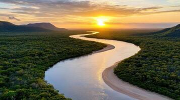 The sun sets over a river in the middle of a forest photo