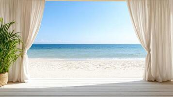 A view of the beach from an open window photo