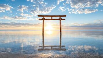 A tori gate stands in the water at sunset photo