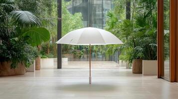 A white umbrella in a room with plants photo