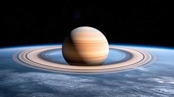 Saturn in orbit over earth with its rings photo