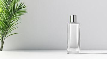 A bottle of perfume next to a palm tree photo