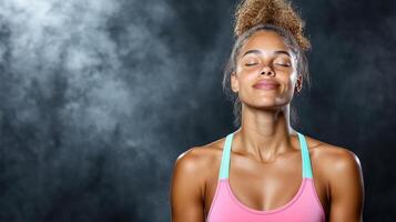 A woman is meditating in a yoga pose photo