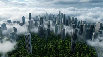 An aerial view of a city surrounded by trees photo