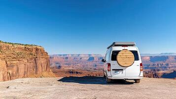 A white van parked on a rocky cliff photo