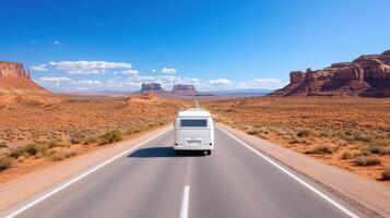 A rv is driving on the road in the desert photo