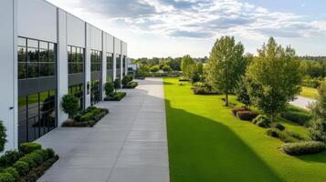 An industrial building with grass and trees photo