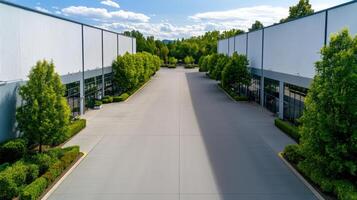 An industrial warehouse with trees and grass photo