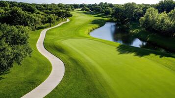 A golf course with a winding path and trees photo