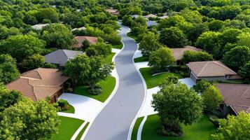 An aerial view of a residential neighborhood with trees and houses photo