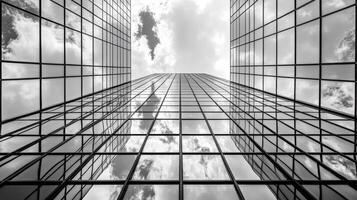 Black and white photograph of a skyscraper with clouds reflected in the glass photo