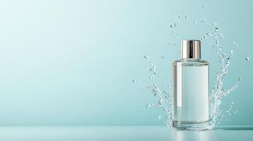 An empty perfume bottle with water splashing on a blue background photo