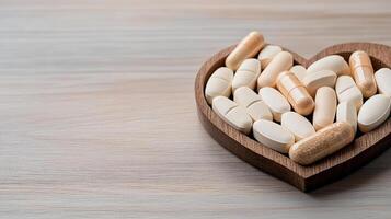 A heart shaped wooden box filled with pills photo